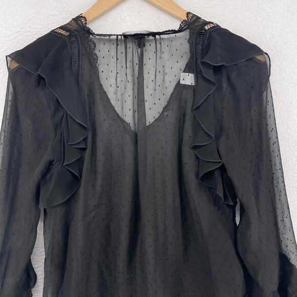 INTERMIX Top S Silk Chiffon Sheer Swiss Dot V-Neck Ruffle Long Sleeve Black - Picture 4 of 11